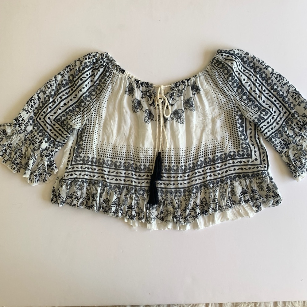 RAGA Cropped Blouse Hippie Bohemian Beach w Tassels Tie/ Free People Look
